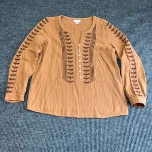 J.Jill PureJill Brown Cotton Gauze Embroidered Popover Tunic Small